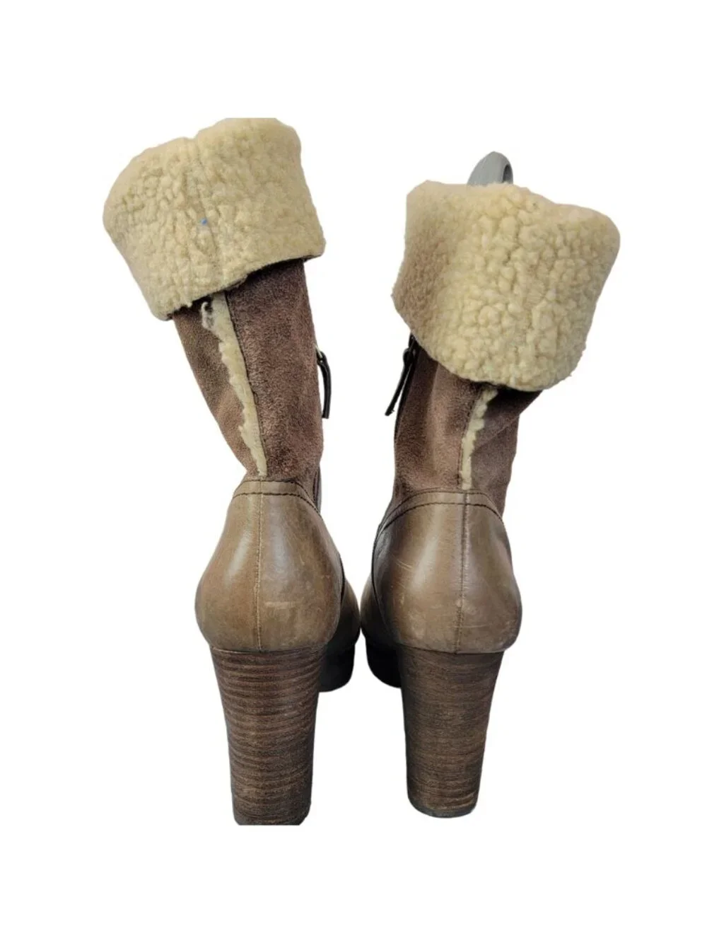 Nicole Platform Suede Boots 7.5 Brown Sherpa Leather Shoes Heel Mid Calf Women M